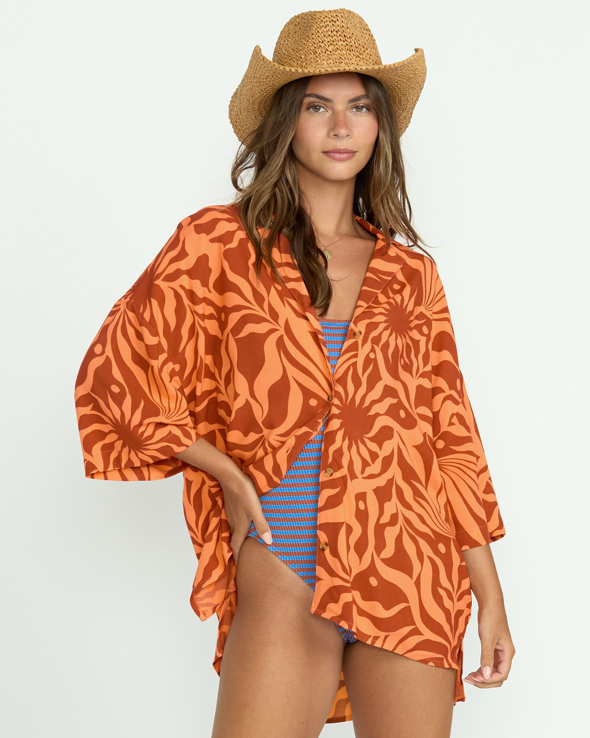 Beach Side Printed Short Sleeve Shirt - Orange Squeeze