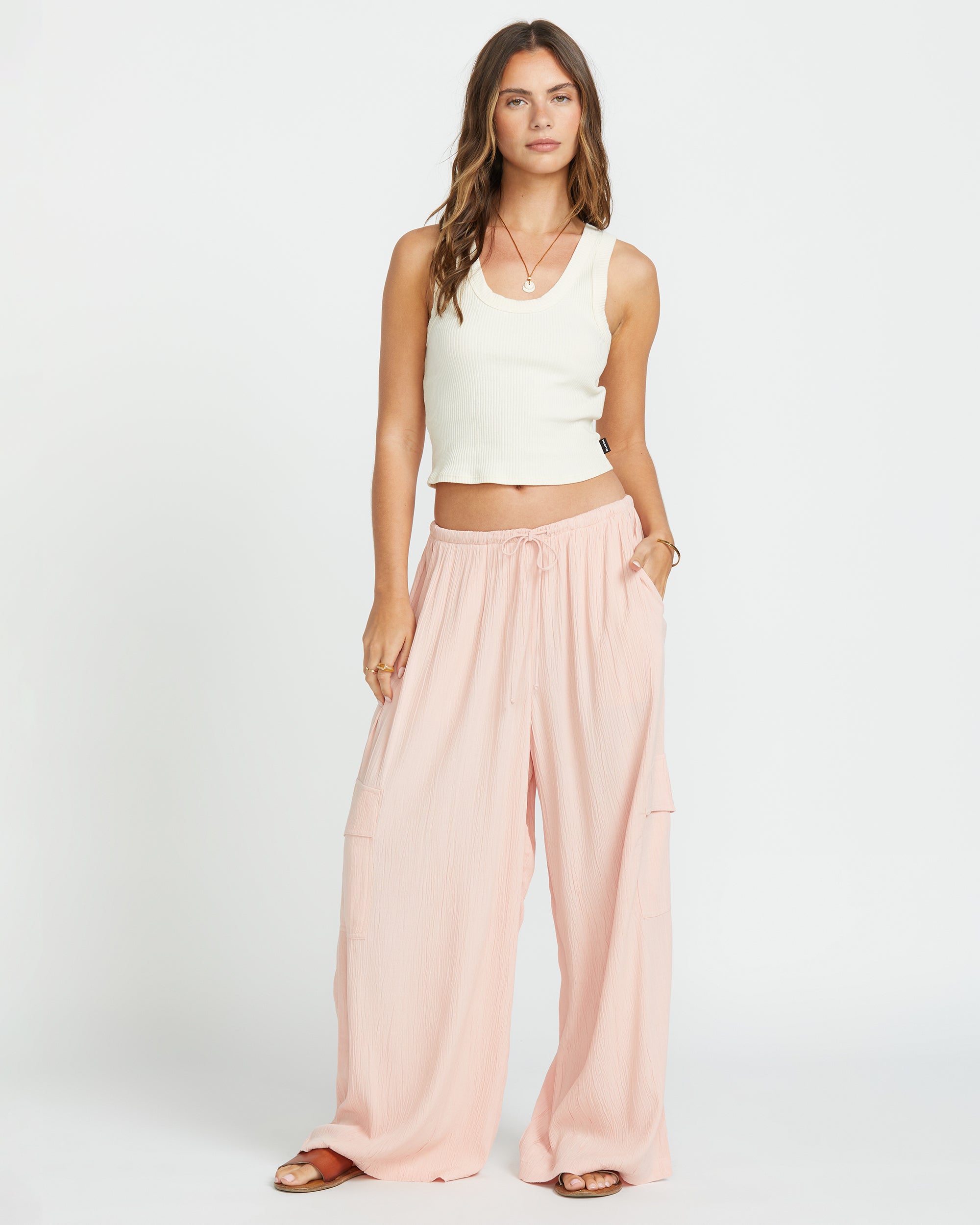 Beach Babe Cargo Elastic Waist Pants - Dusty Peach