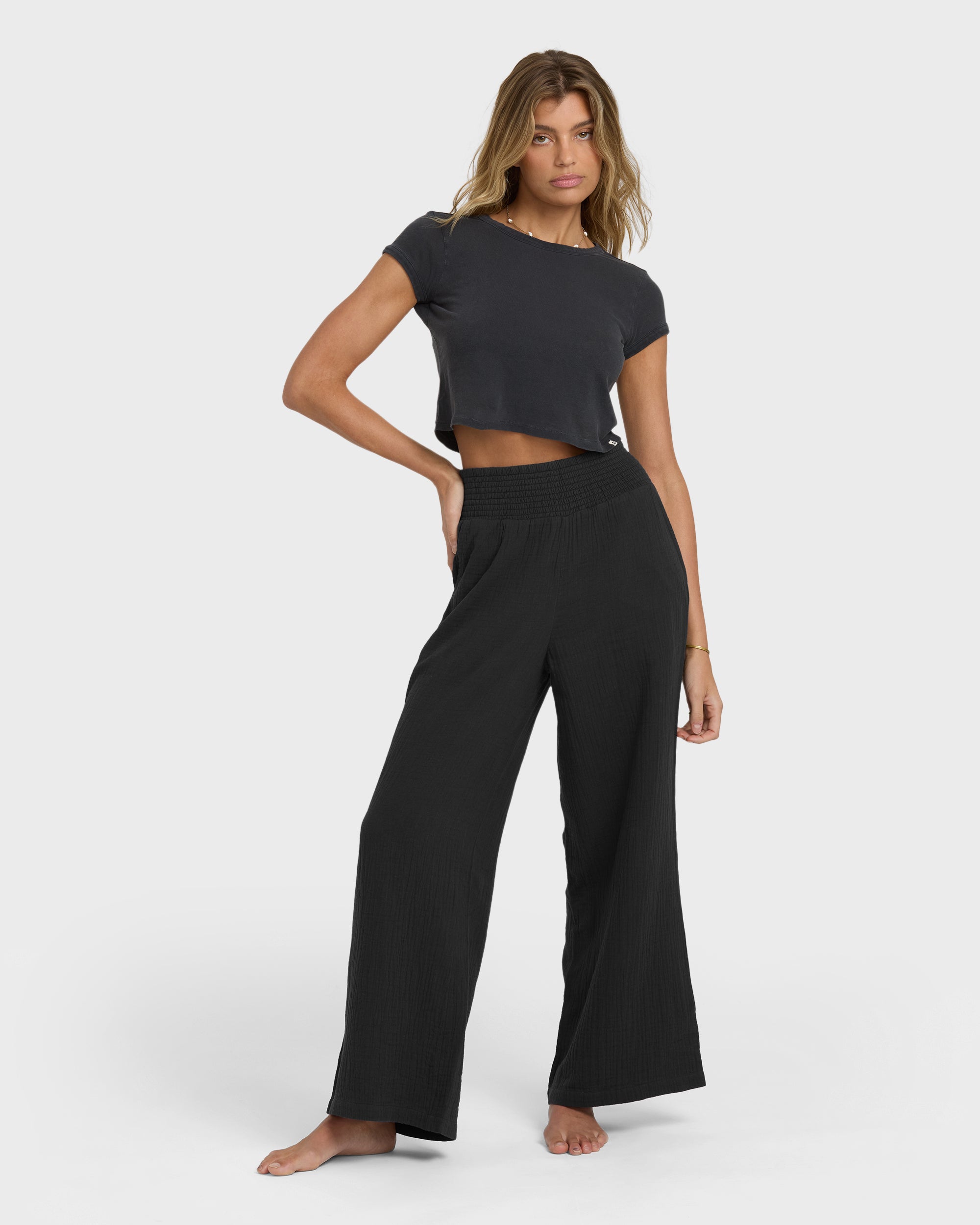 New Waves Gauze Elastic Waist Pants - Black Sands