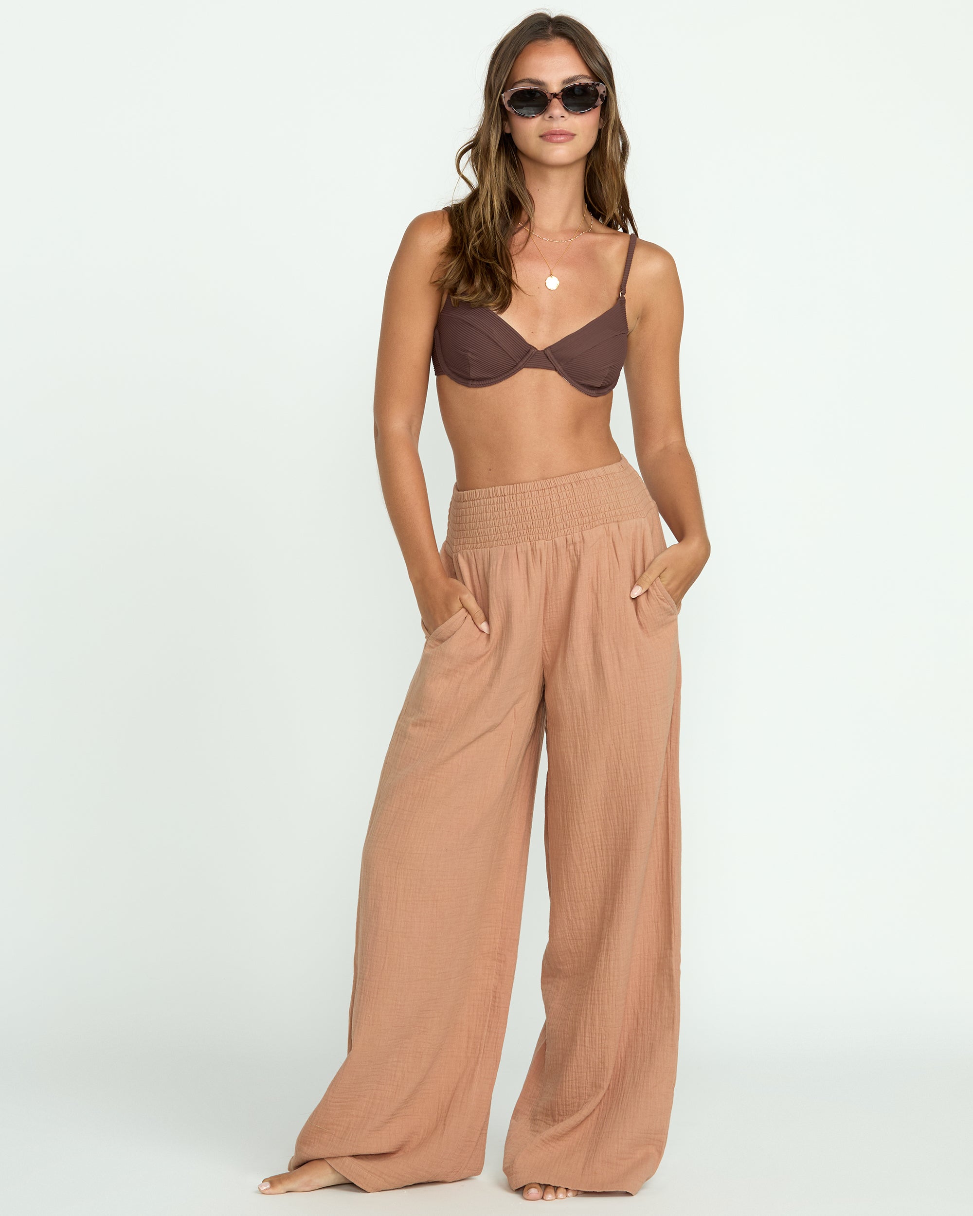 New Waves Gauze Elastic Waist Pants - Rose Brown