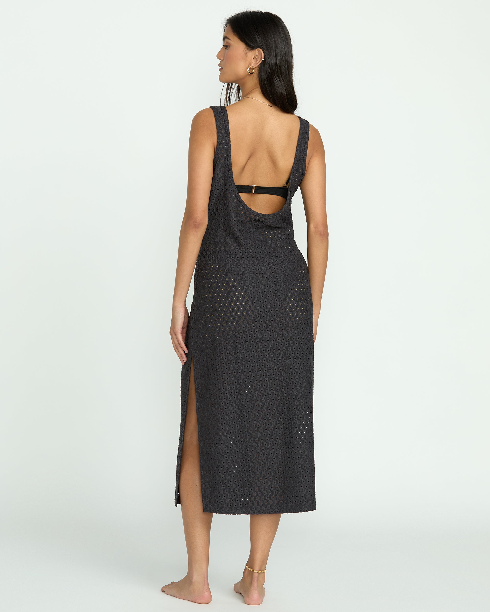 Eyelet Sun Midi Dress Beach Coverup - Off Black - Image 3