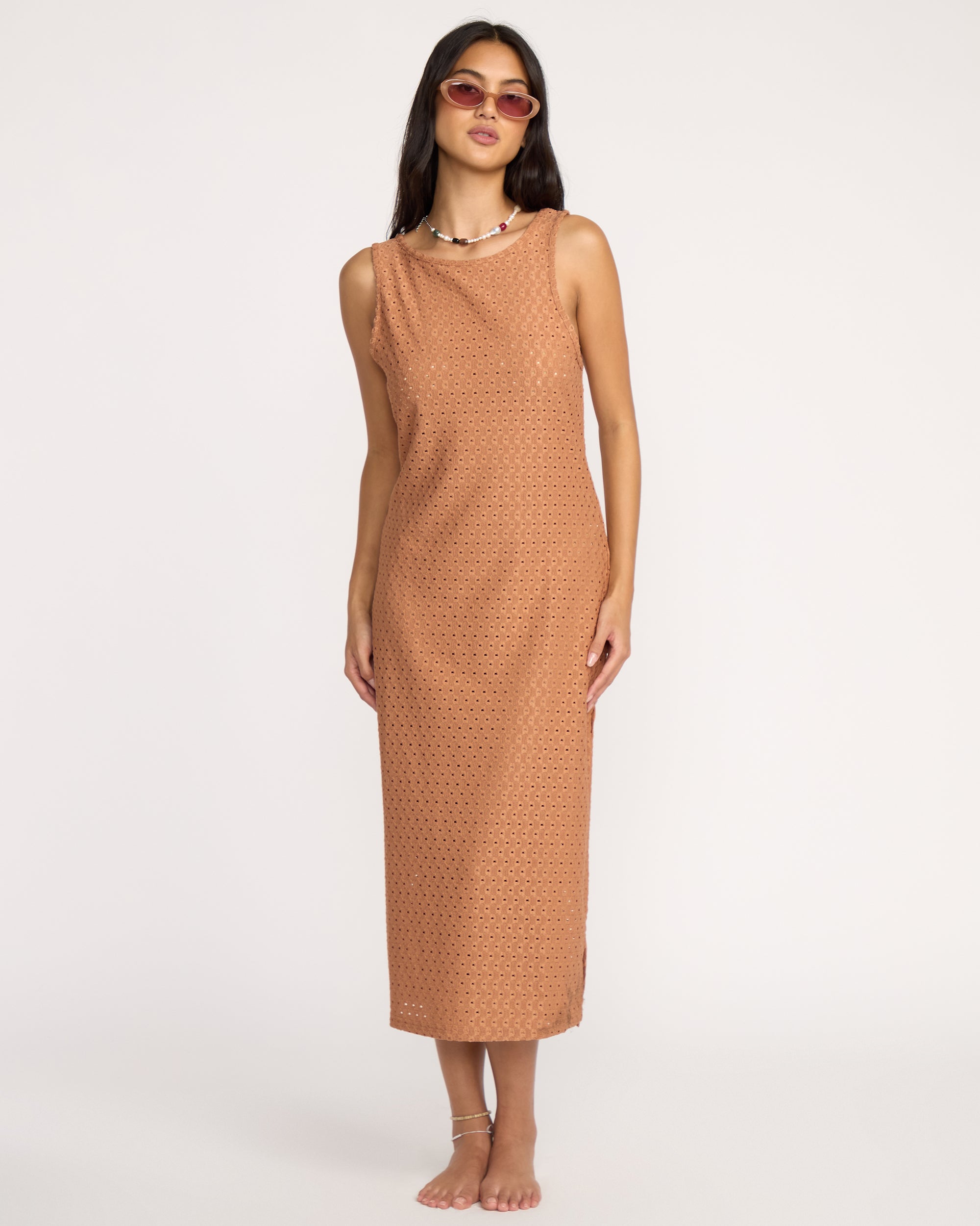 Eyelet Sun Midi Dress Beach Coverup - Rose Brown