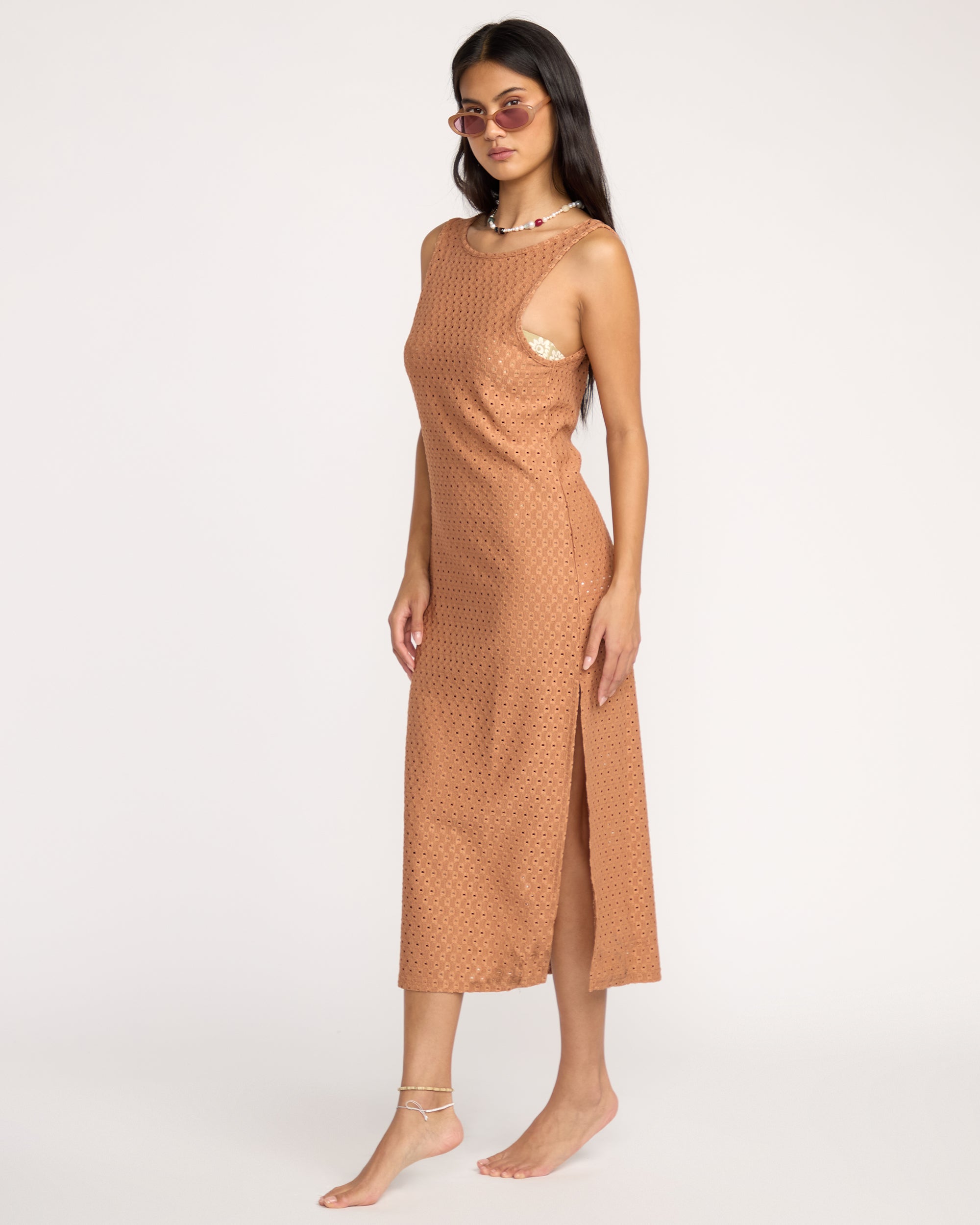 Eyelet Sun Midi Dress Beach Coverup - Rose Brown - Image 3