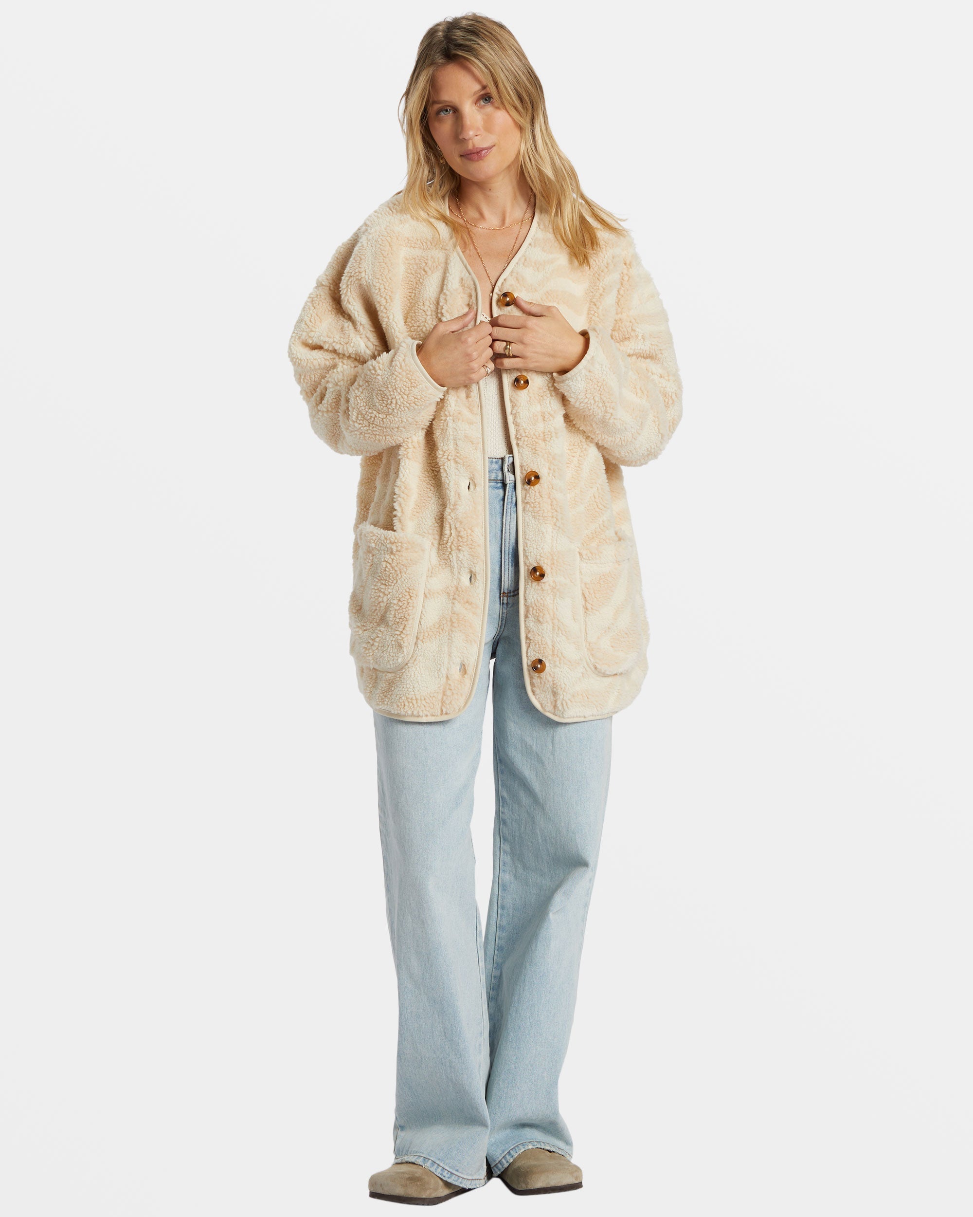 Fireside Cozy Buttoned Fleece Jacket - White Cap - Image 4